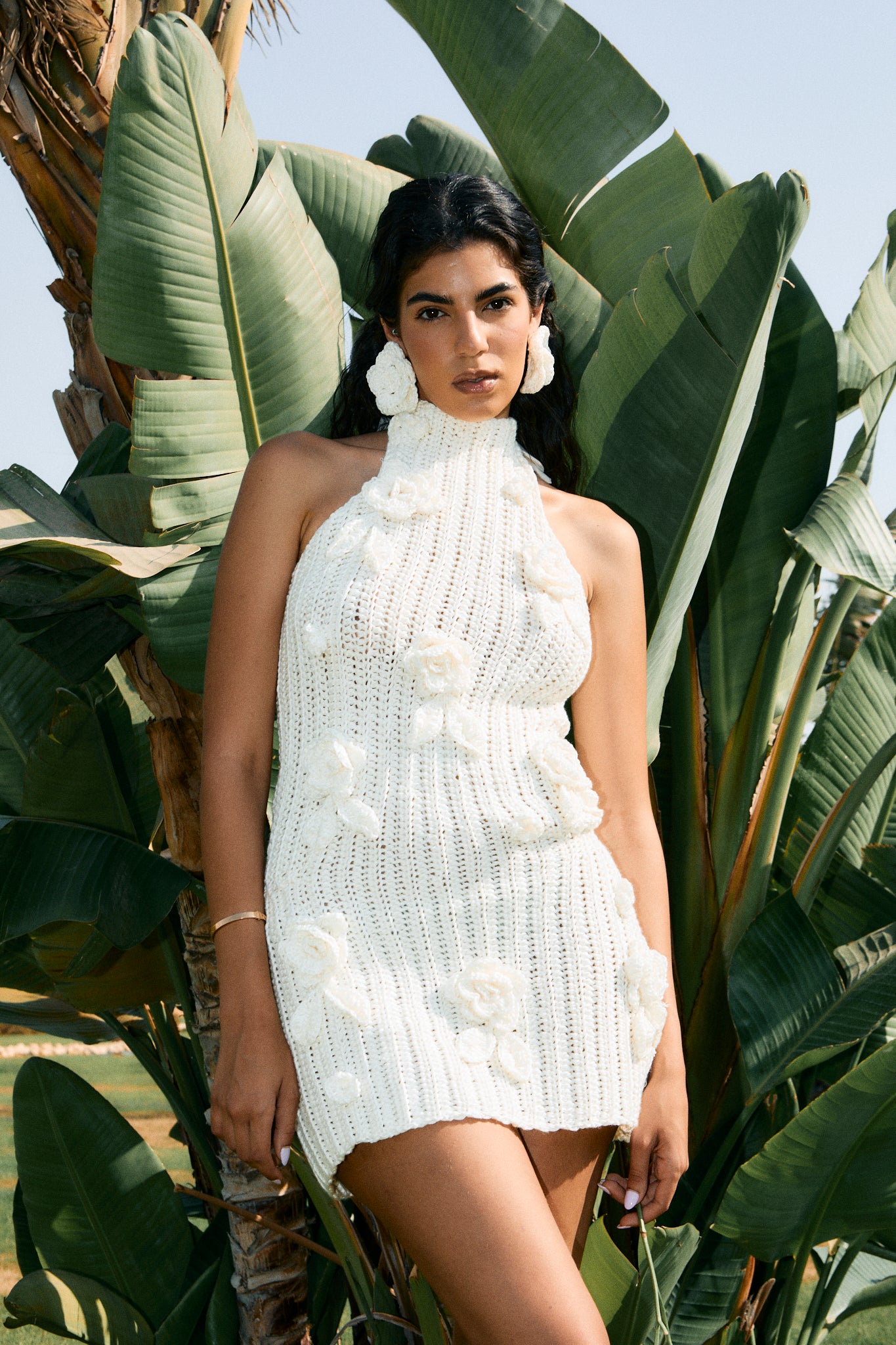 Farah Floral Crochet Mini Dress in Off White