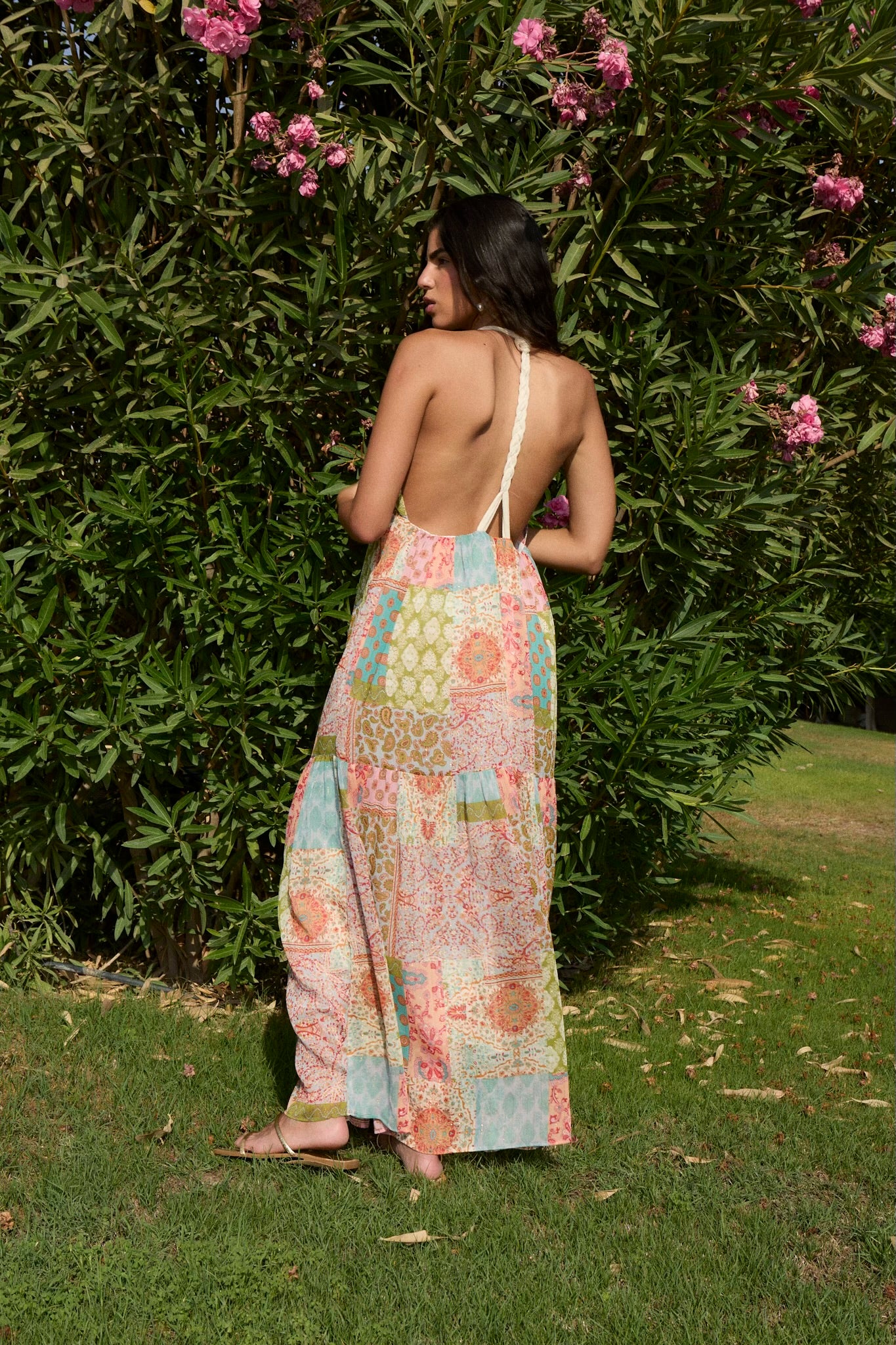 Braided Back Chiffon Summer Dress in Pink