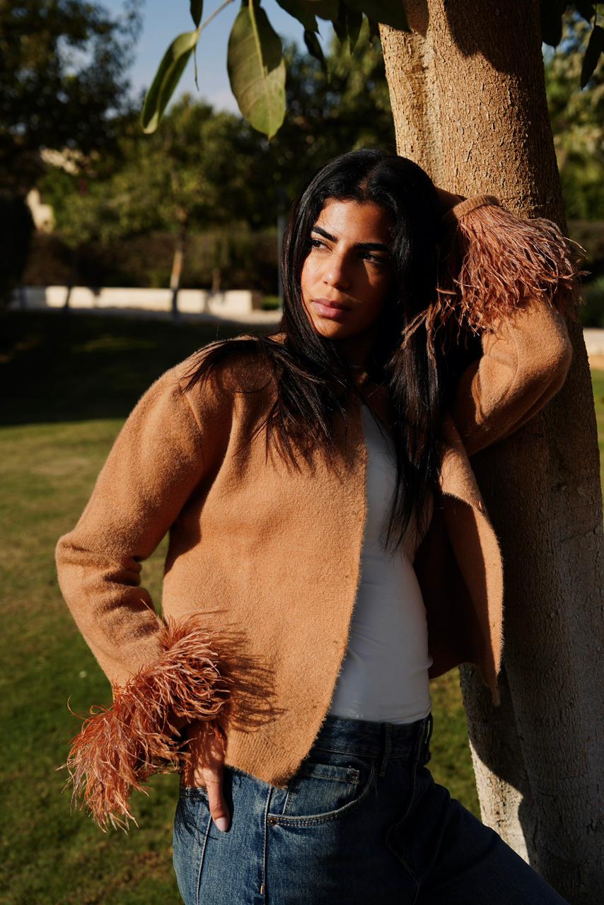 Mohair Knit & Ostrich Feather Cardigan in Beige