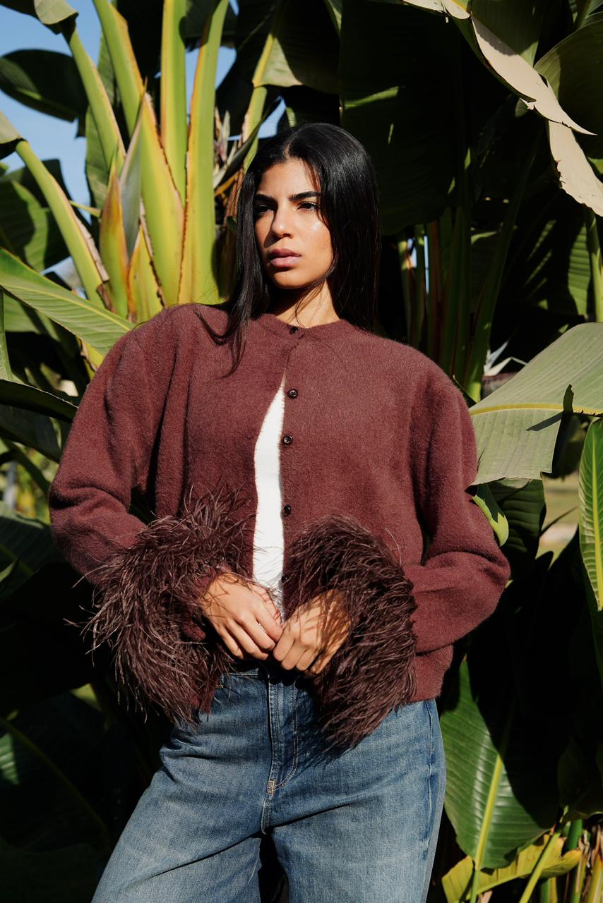 Mohair Knit & Ostrich Feather Cardigan in Chocolate Brown