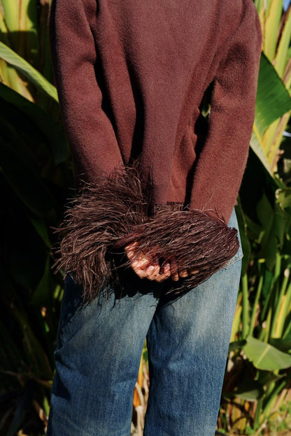 Mohair Knit & Ostrich Feather Cardigan in Chocolate Brown