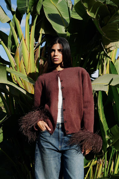 Mohair Knit & Ostrich Feather Cardigan in Chocolate Brown