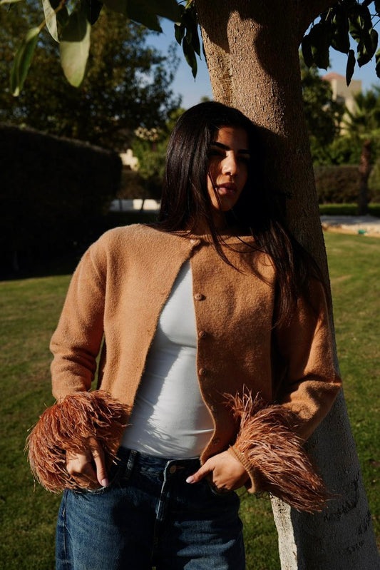 Mohair Knit & Ostrich Feather Cardigan in Beige