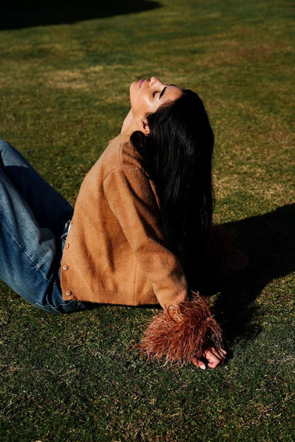 Mohair Knit & Ostrich Feather Cardigan in Beige